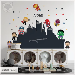 Chalkboard vinyl wall decal with superheroes and urban skyline, model PZ35
