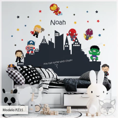 Chalkboard vinyl wall decal with superheroes and urban skyline, model PZ35 - buy online
