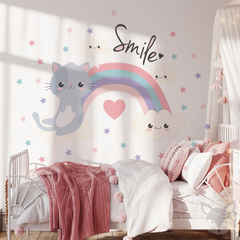 Cute Kitten Wall Decal with Rainbow - Nursery Room Decor - UNI28 - Little Dreamer Deco - vinilos decorativos infantiles