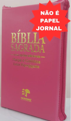 Bíblia sagrada com ajudas adicionais e harpa letra hipergigante - capa com zíper pink lisa