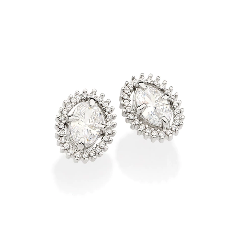 Brinco oval folheado a platina com zir -320027-Rommanel