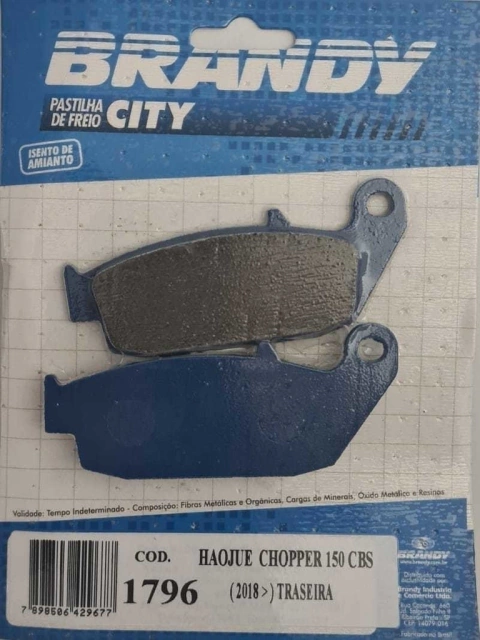PASTILHA DE FREIO BRANDY 1796 (TRASEIRA HAOJUE CHOPPER 2018 ED)