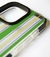 Funda Rayada Verde con bordes antishock y refuerzo de cámara para iPhone 15 Pro Max.