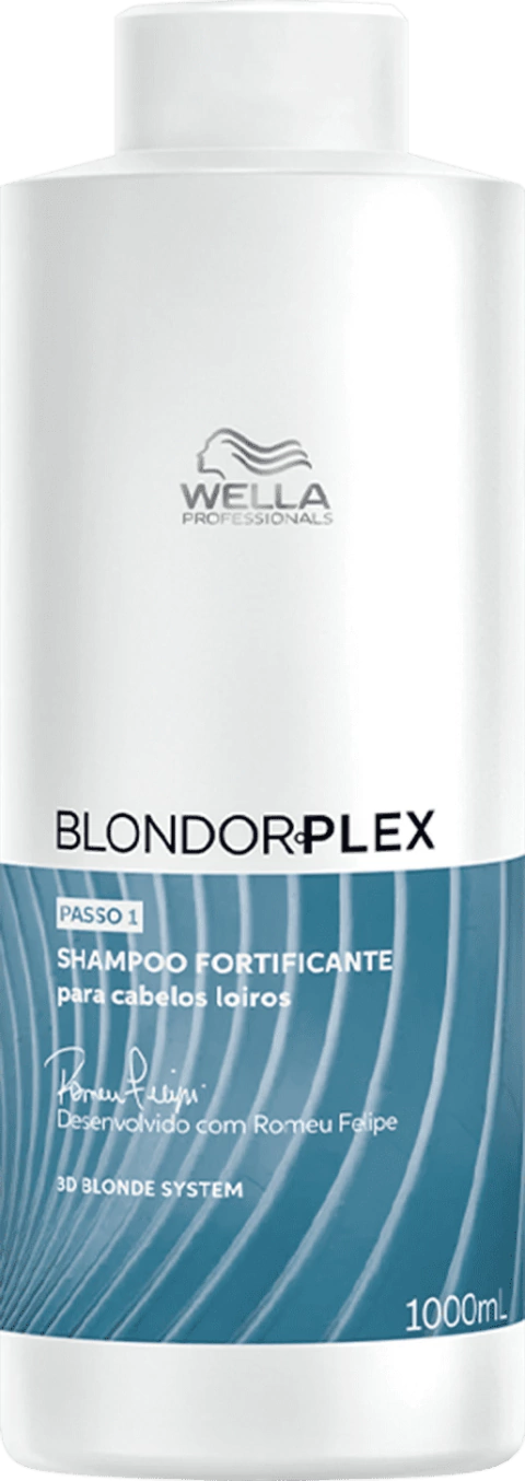 Frasco de shampoo Blondorplex da Wella, 1 litro, destinado a cabelos loiros, com design moderno e elegante.