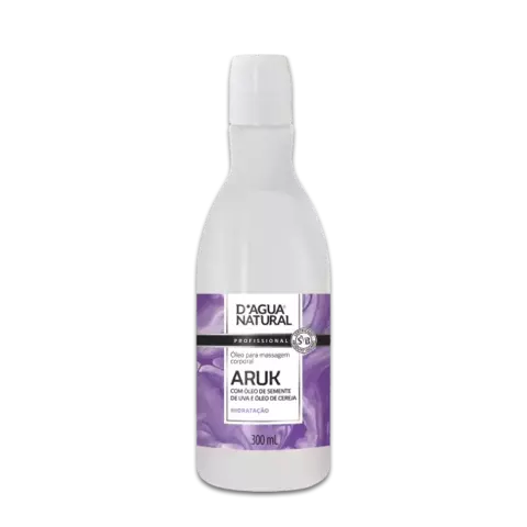 Frasco de 300ml de Óleo de Massagem Aruk com Semente de Uva e Cereja, embalagem branca e roxa.