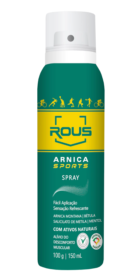 Frasco do Spray Arnica ROUS Sports de 150ml, com design verde e rótulo destacando ingredientes naturais e benefícios para alívio do desconforto muscular.