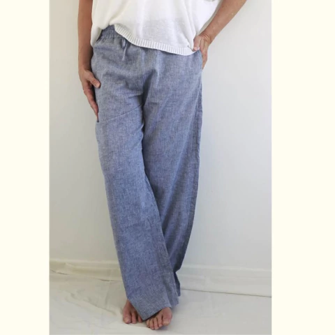 Pantalon Palazzo en Algodon Chambray azul marino. - comprar online