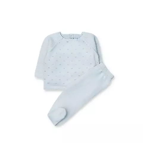 Conjunto hilado peruano cardigán y pantalón, Celeste