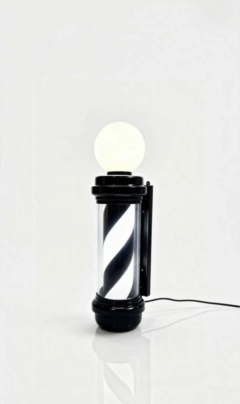 POLO * POLE * FAROL GIRATORIO CON LUZ PARA DECORACION PARA BARBERIA / PELUQUERIA * BLANCO Y NEGRO MODELO BF011