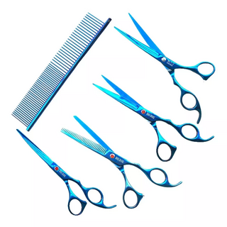 KIT TIJERAS N°5 AZUL (Tijera Corte Recta filo navaja de 7" + Tijera Pulir 6,5" + Tijera curva 7" + Tijera Curva 7" + Peine de acero + Portatijeras) MARCA BIG DOG
