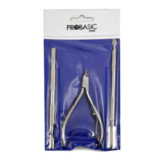 SET DE MANICURIA 3 PIEZAS MARCA PROBASIC * ALICATE CORTA CUTICULA 911 DE 10 cm. + 2 REPUJADORES CODIGO 531049