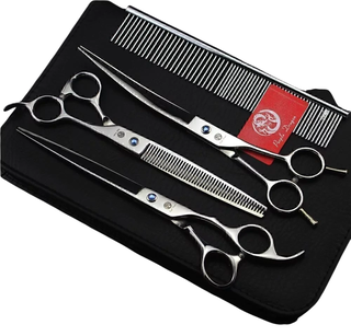 KIT TIJERAS N°1 PLATEADO (Tijera Corte filo navaja de 7" + Tijera Pulir 6,5" + Tijera curva 7" + Peine de acero + Portatijeras) SIN MARCA BIG DOG