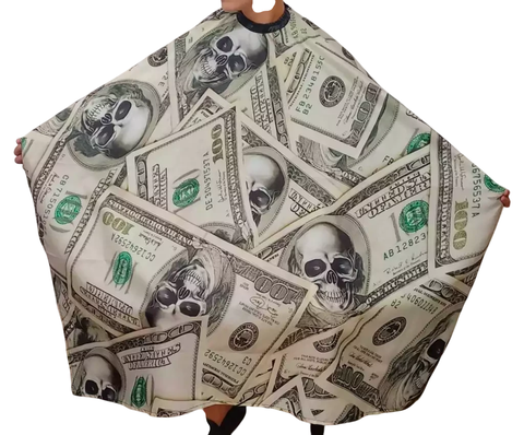 PEINADOR * CAPA DE CORTE DE TELA SIRE ESTAMPADA CUELLO SILVER CON GANCHOS MODELO DOLARES CALAVERA C1002