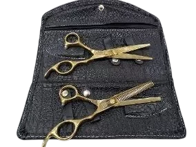 KIT 2 TIJERAS PROFESIONALES DECORADAS DORADAS DE CORTE FILO NAVAJA + PULIR DE 5,5 PULGADAS + PORTATIJERAS DE CUERINA AN841D (SA)