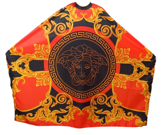 PEINADOR * CAPA DE CORTE DE TELA SIRE ESTAMPADA CUELLO SILVER CON GANCHOS MODELO VERSACE ROJO Y NEGRO C1002