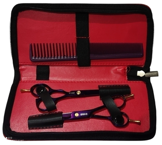 KIT TIJERA TORNASOLADA DE CORTE FILO NAVAJA + TIJERA PULIR DE 5,5 PULGADAS + PEINE DE CORTE + PORTA HERRAMIENTAS DE CUERINA 5011