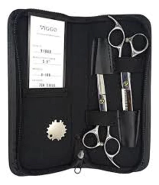 KIT V-100 MARCA VIGGO DE 5,5" TIJERA CORTE FILO NAVAJA + TIJERA PULIR + ESTUCHE