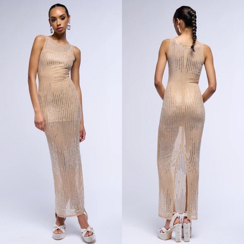 VESTIDO NUDE LARGO 'STRASSY SQUARES'