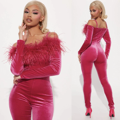 CATSUIT FUCSIA VELVET CON PLUMAS