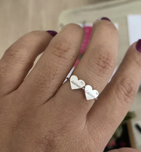 Anel 2 Corações Personalizados Prata 925