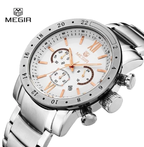 Megir* 3008 Relógio Masculino Aço Inox Cronógrafo Data Automática