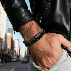 Pulseira Masculina 2 em 1 Couro Cordão e Esfera Onix Noter* 9464