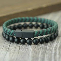 Pulseira Masculina 2 em 1 Couro Cordão e Esfera Onix Noter* 9464 - Simple Market