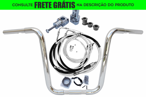 Kit Guidão e Cabos CROMADOS - Seca Sovaco - 16" Pol. Altura - Tubo 1.1/4" Pol. - Harley Davidson - Deluxe (com riser e ABS)