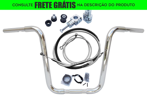 Kit Guidão e Cabos CROMADOS - Seca Sovaco - 14" Pol. Altura - Tubo 1.1/4" Pol. - Harley Davidson - Deluxe (com Riser e Acelerador Eletrônico)