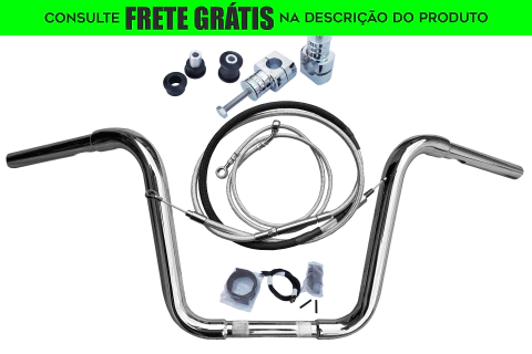 Kit Guidão e Cabos CROMADOS - Seca Sovaco - 12" Pol. Altura - Tubo 1.1/4" Pol. - Harley Davidson - Deluxe (com Riser e Acelerador Eletrônico)