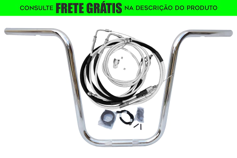 Kit Guidão e Cabos CROMADOS - Seca Sovaco - 14" Pol. Altura - Tubo 1" Pol. - Harley Davidson - Deuce (Sem ABS)