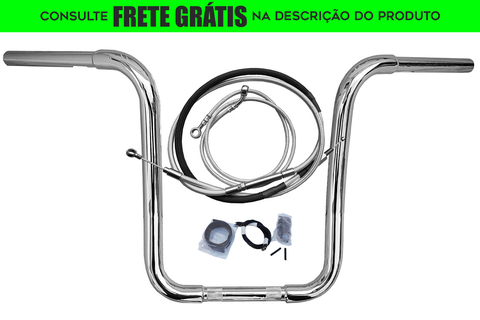 Kit Guidão e Cabos CROMADOS - Seca Sovaco - 16" Pol. Altura - Tubo 1.1/4" Pol. CURVE - Harley Davidson - Deluxe (com Acelerador Eletrônico)