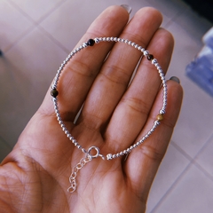 Pulsera bolitas & ojo de tigre - plata 925 (17 cm + 3 cm extensor) (cod 28)