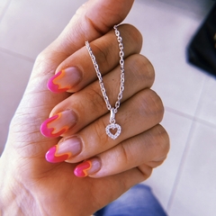 Cadena mini corazon calado strass - acero blanco (cod 23)