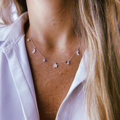 Collar dijes lunas & estrellas cubic - plata 925 (cod 42) (42 cm + 3 cm de extensor)