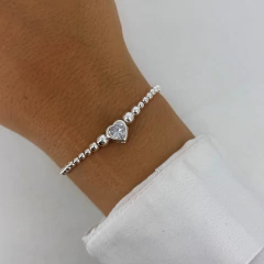 Pulsera ajustable bolitas corazon cubic -plata 925 (cod 45)