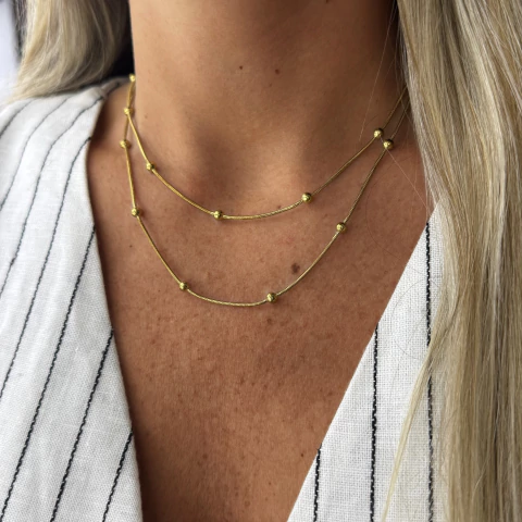 Cadena cola de ratón & bolitas doble - acero dorado (60 cm total) (cod 22)