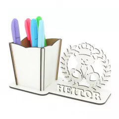 Porta Lápis Com Display Personalizado MDF Branco - Urso Coroa