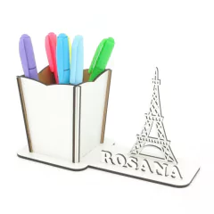 10 Porta Lápis Com Display Personalizado MDF Branco - Torre Eiffel