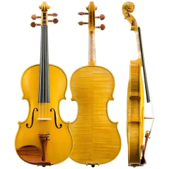 Violín Christina Italy V06W, visto desde el frente, la parte trasera y el lateral, con acabado en madera amarilla.