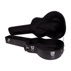Estuche duro negro abierto para guitarra clásica con interior acolchado de peluche.