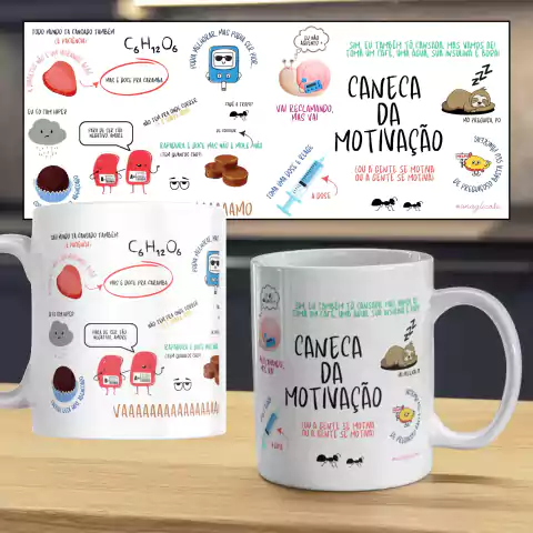 Caneca da motivação com ilustrações divertidas e mensagens inspiradoras sobre energia e café.
