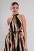 VEST5952 Vestido largo de seda estampada doble tajo cuello torsion y lazo