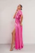 VEST5432 Vestido de lycra brillosa con manga, falda cruzada con tajo - Indumentaria Wassa