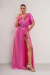 VEST5432 Vestido de lycra brillosa con manga, falda cruzada con tajo - comprar online
