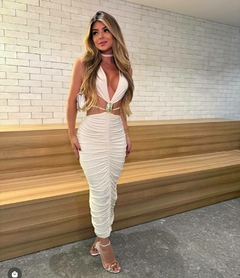 vestido midi todo drapeado franzido com passador organico na cintura da loja click da moda rp 