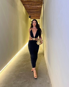 vestido midi todo drapeado franzido com passador organico na cintura da loja click da moda rp 