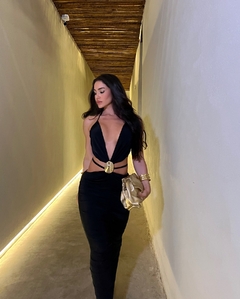 vestido midi todo drapeado franzido com passador organico na cintura da loja click da moda rp 
