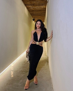 vestido midi todo drapeado franzido com passador organico na cintura da loja click da moda rp 