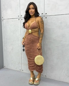vestido midi todo drapeado franzido com passador organico na cintura da loja click da moda rp 